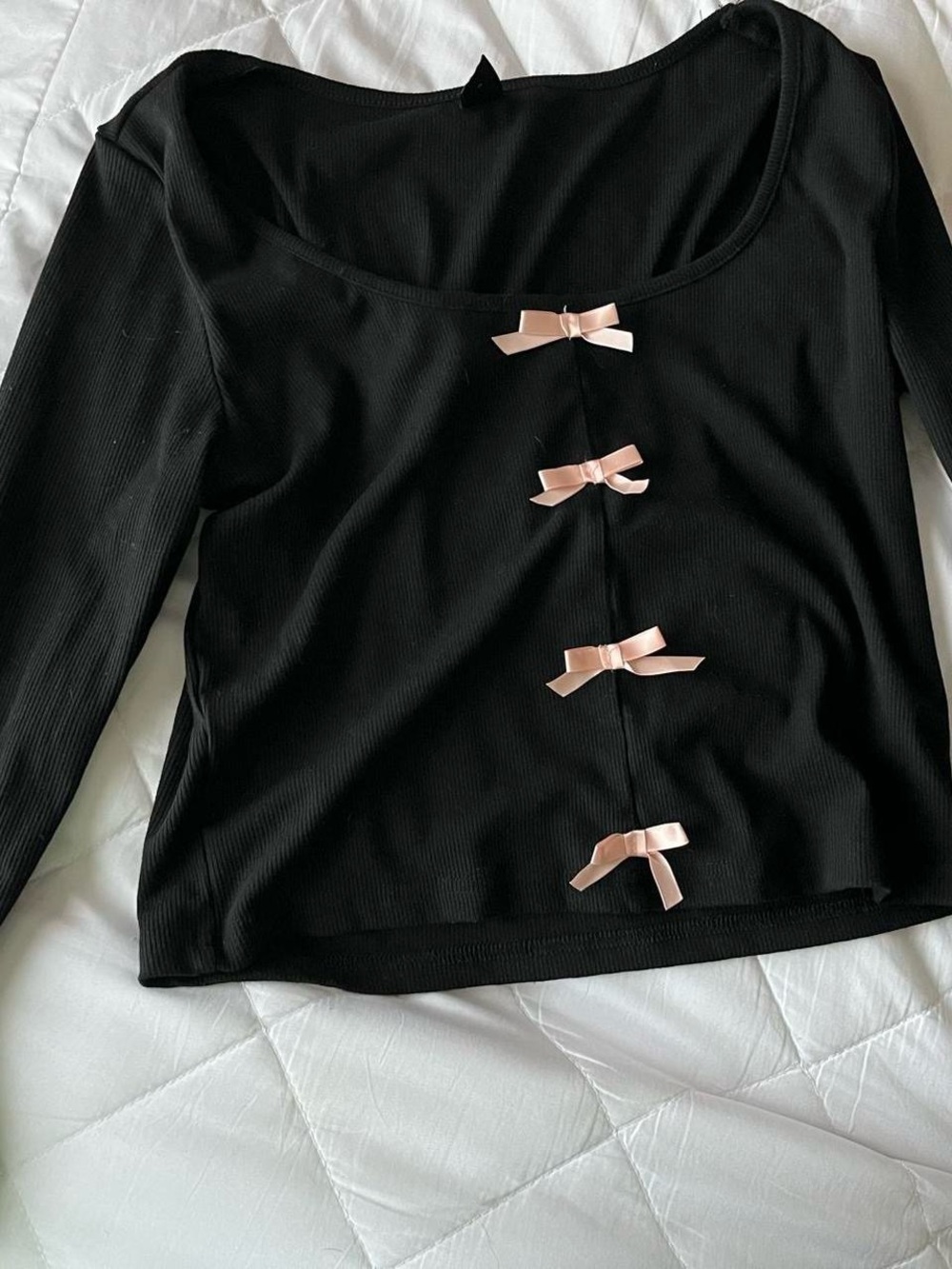 Black Long-Sleeve Scoop Neck Top with Pink Bow Details
